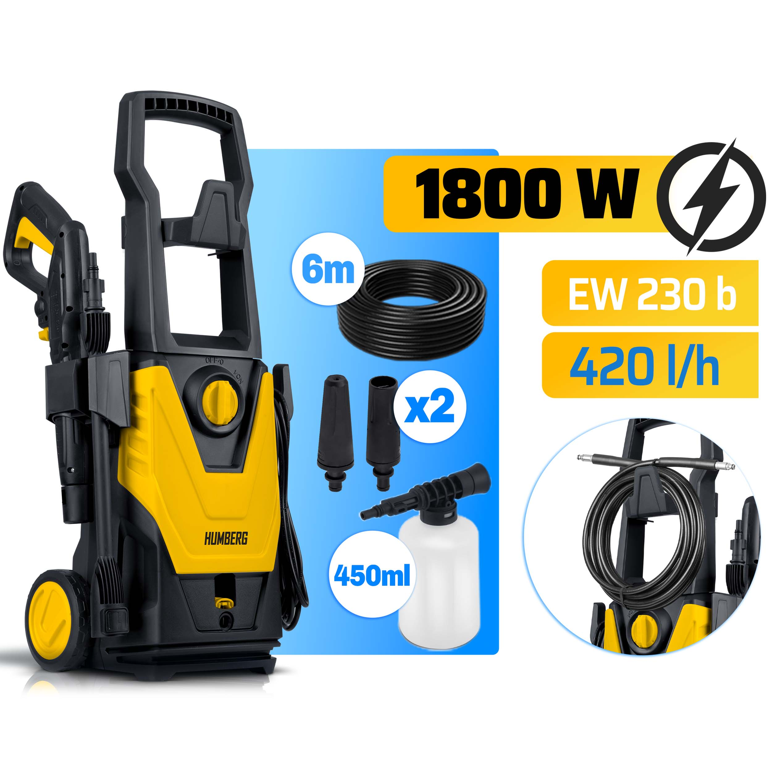 Żółta i czarna myjka ciśnieniowa z akcesoriami: wąż, pistolet i butelka na pianę.