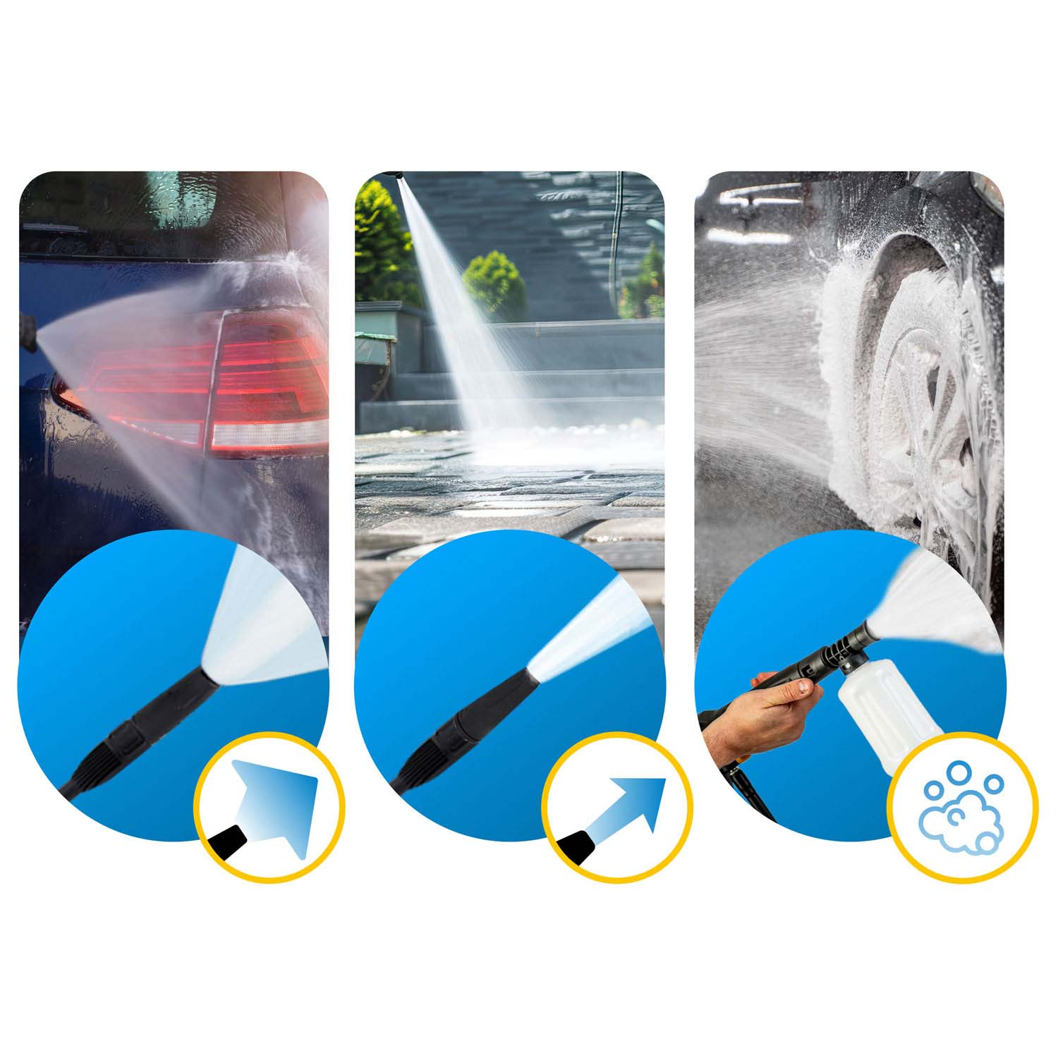 Trzy panele przedstawiają myjkę ciśnieniową w użyciu: mycie samochodu, czyszczenie tarasu i rozpylanie piany.
