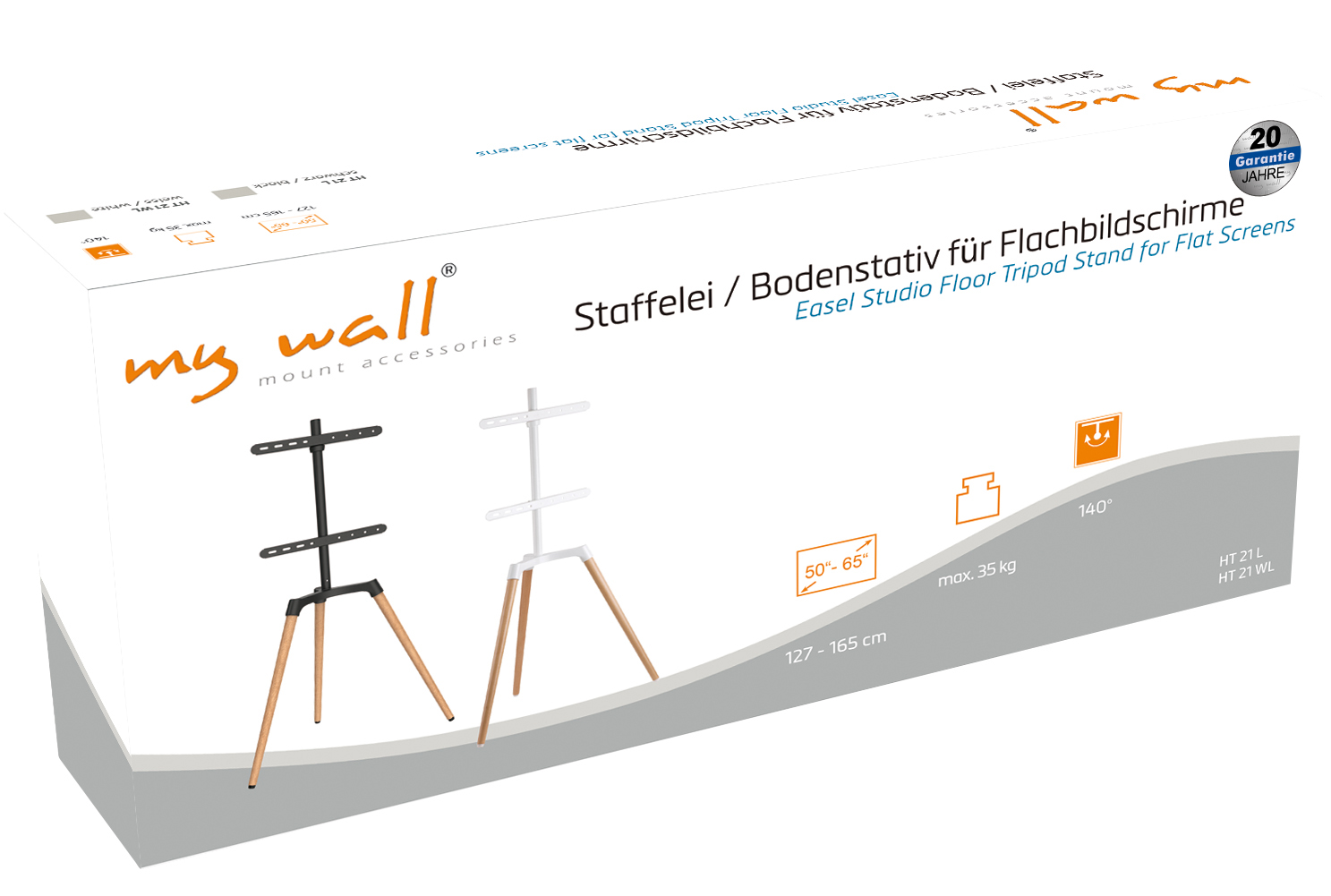 Verpackung für einen Staffelei-Bodenstativ für Flachbildschirme.