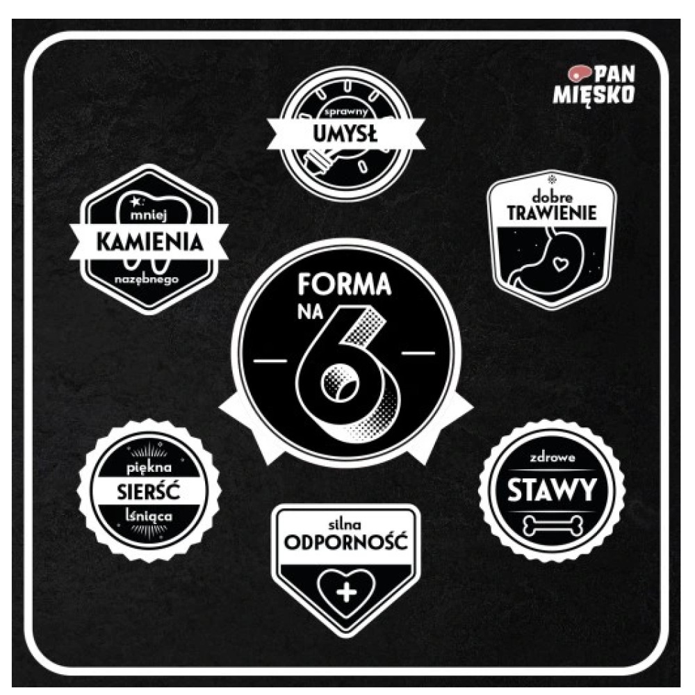 Wiele białych odznak z tekstem i ikonami na czarnym tle.