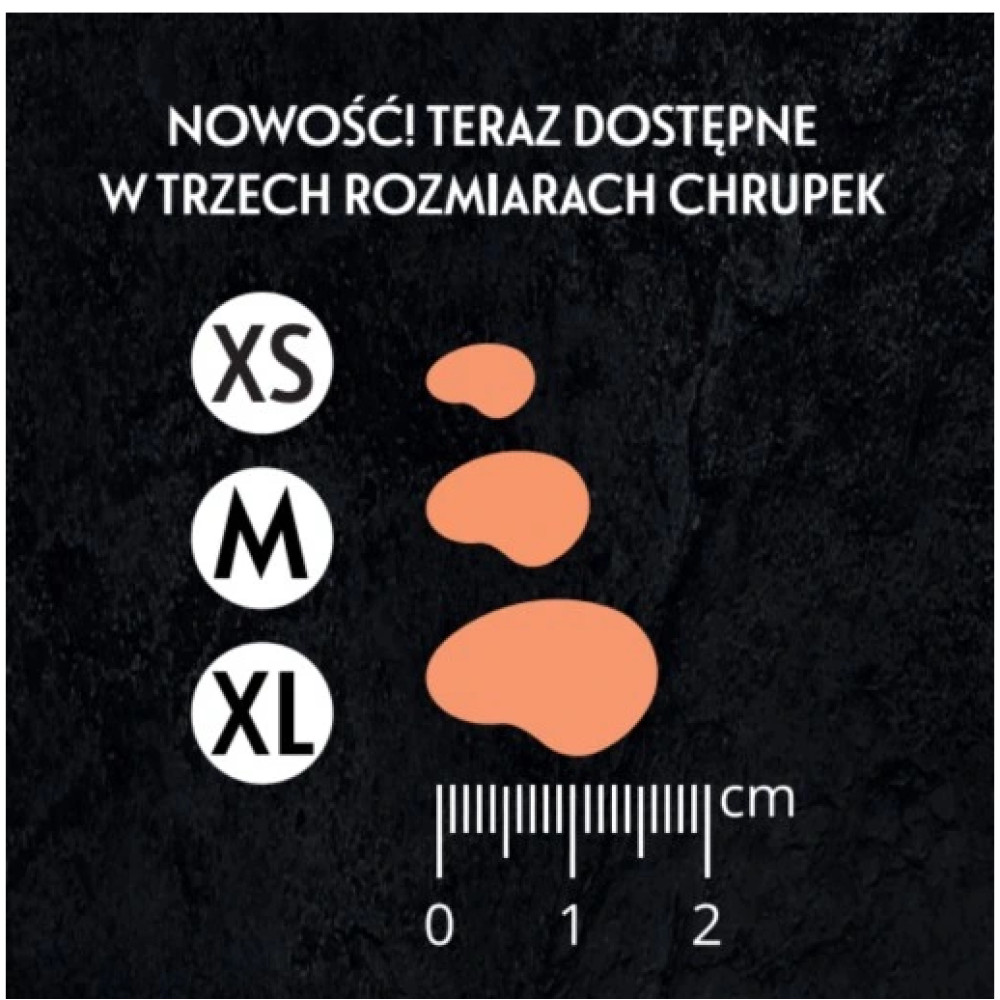 Trzy różne rozmiary pomarańczowych chrupków: XS, M, XL.