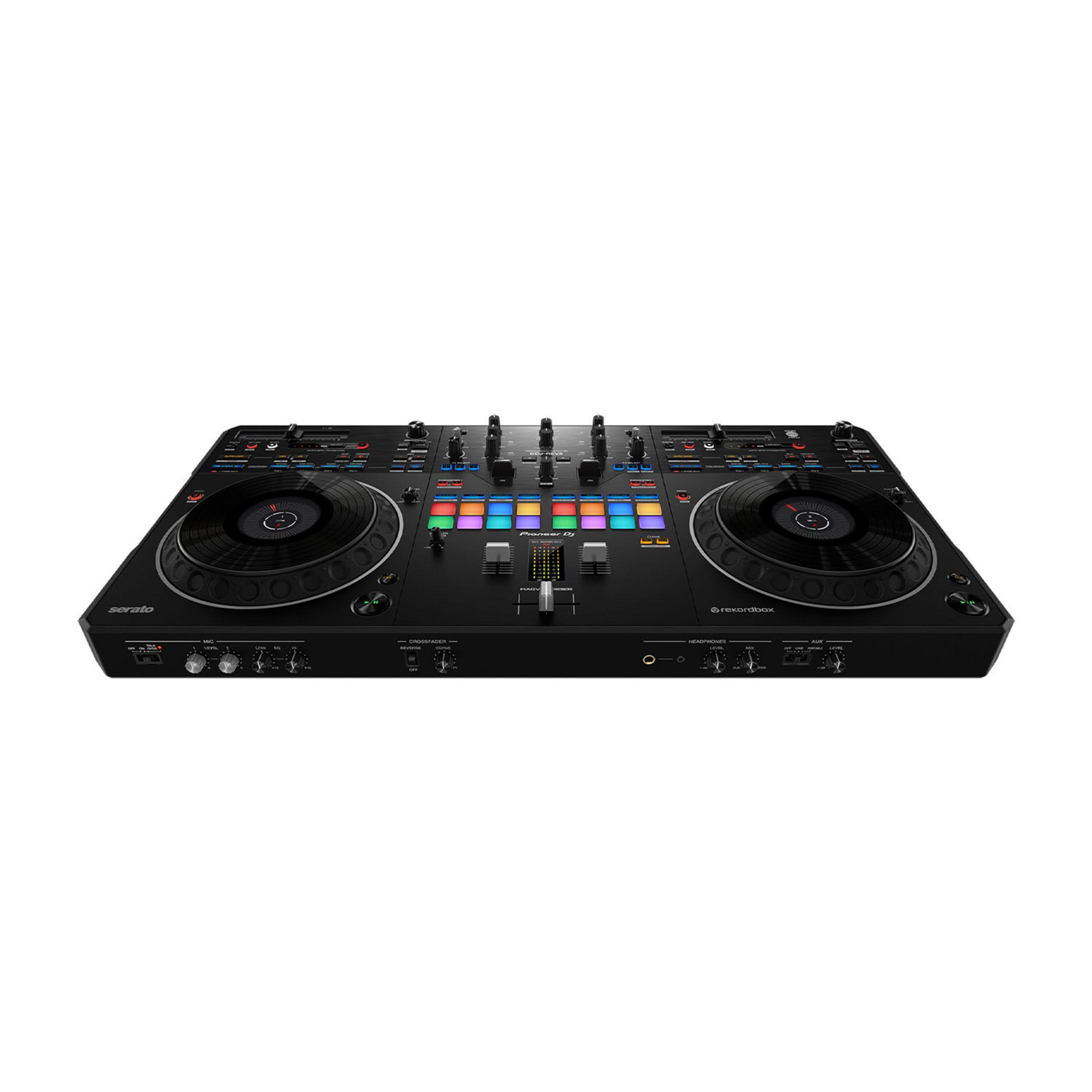Schwarzer DJ-Controller mit zwei Plattentellern, bunten Pads und vielen Knöpfen.