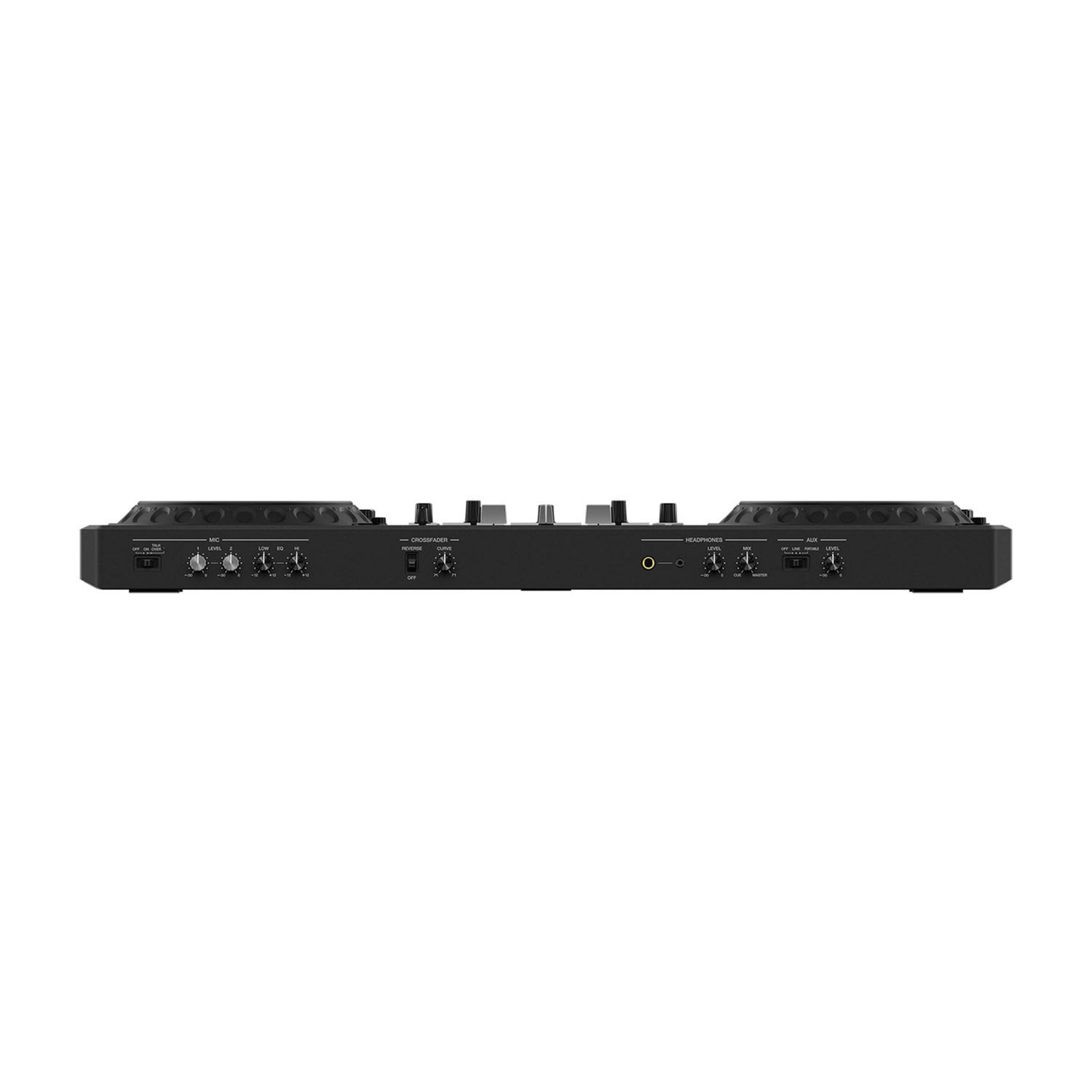 Schwarzes DJ-Mischpult mit Knöpfen, Schaltern und Beschriftungen wie MIC, LEVEL, EQ, CROSSFADER.