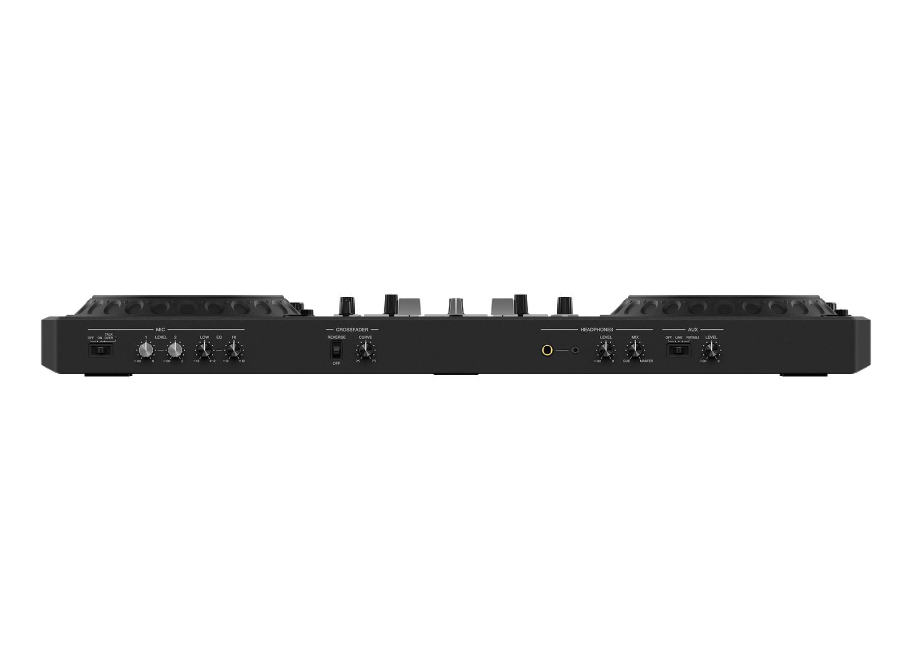 Schwarzer DJ-Mixer mit Reglern für Mikrofon, Crossfader, Kopfhörer und AUX.
