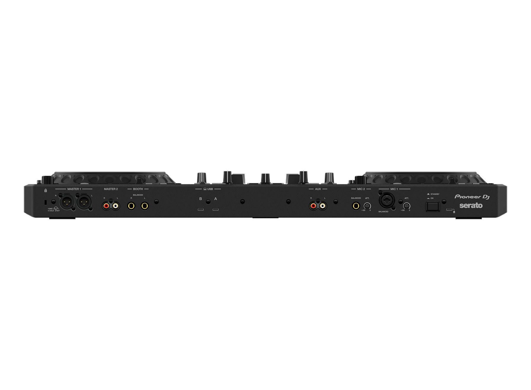 Rückseite eines schwarzen DJ-Controllers mit Anschlüssen: Master, Booth, USB, Aux, Mikrofone.
