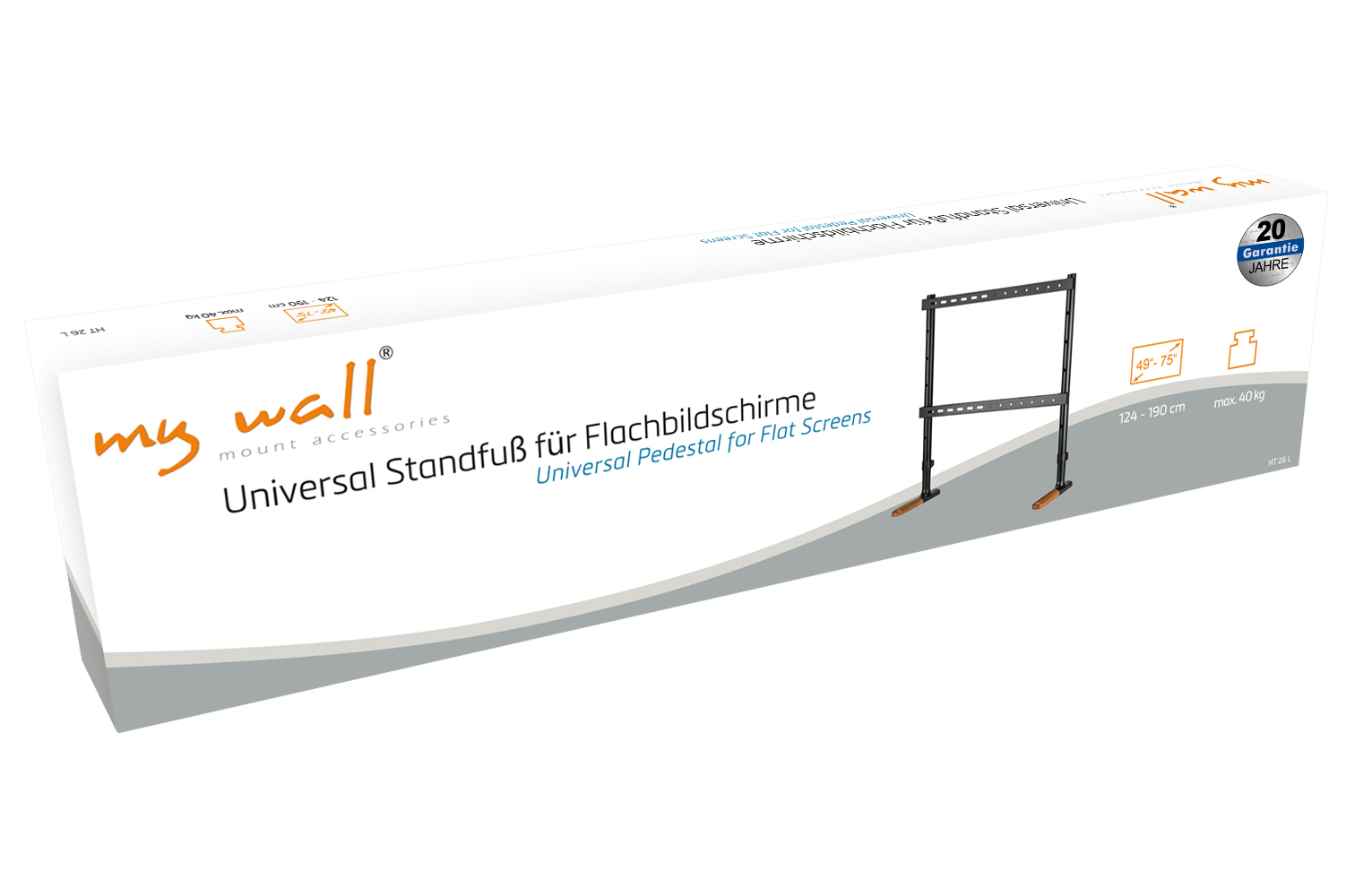 Verpackung eines MyWall Universal-Standfußes für Flachbildschirme, 49-75 Zoll.