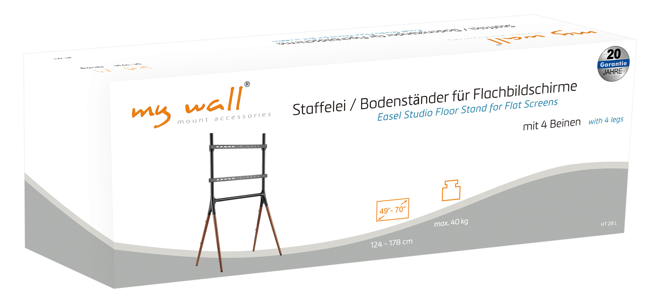 Ein schwarzer Fernsehständer mit Holzakzenten steht auf einer weißen Verpackung.