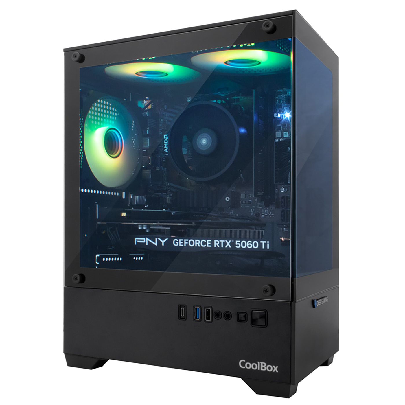 Una caja de ordenador negra con frontal de cristal y ventiladores iluminados.