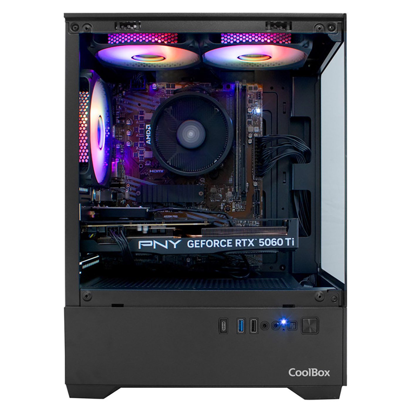 Torre de PC abierta con ventiladores RGB, refrigerador de CPU AMD y tarjeta gráfica RTX 5060 Ti.