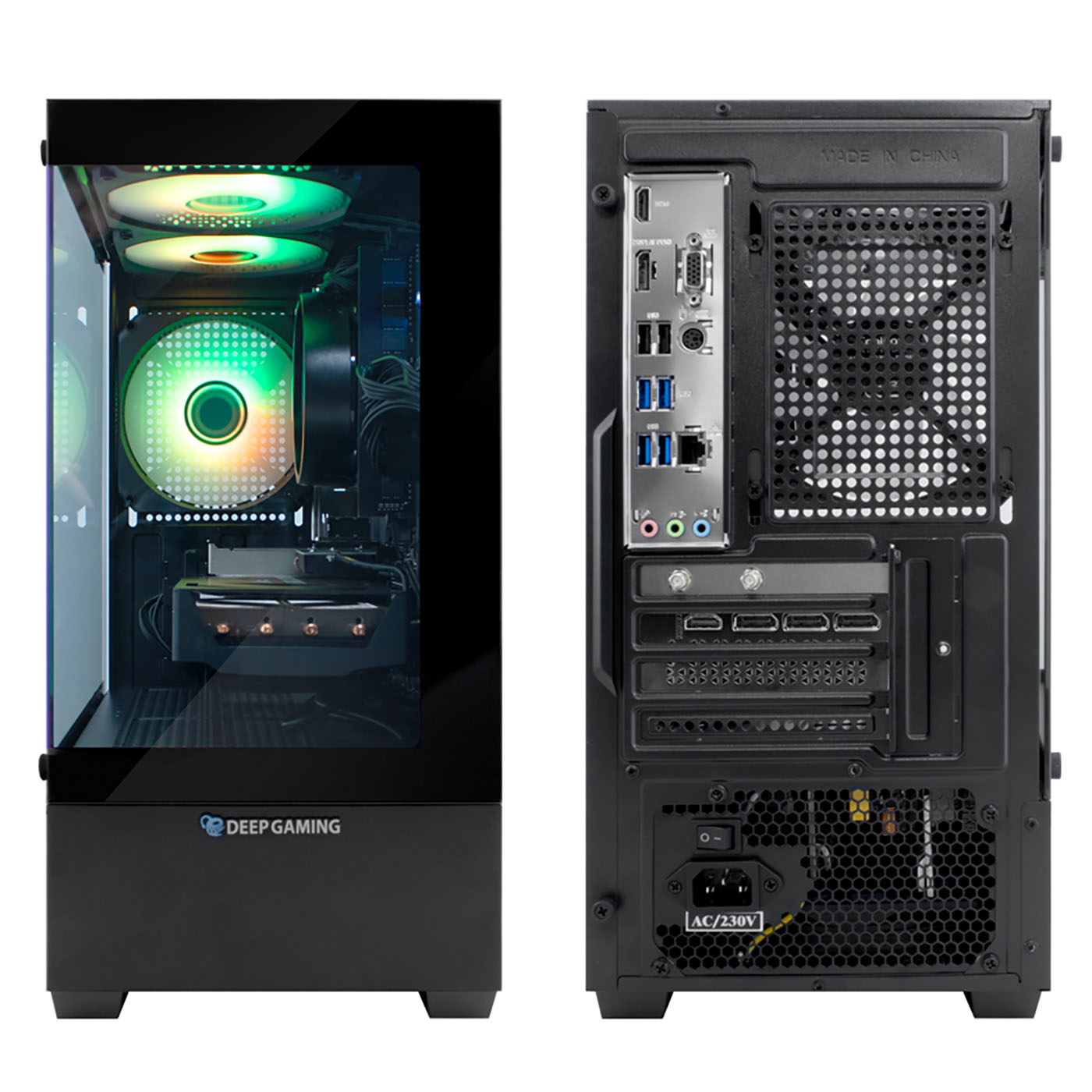 Una caja de PC con ventana de cristal a la izquierda y puertos a la derecha.