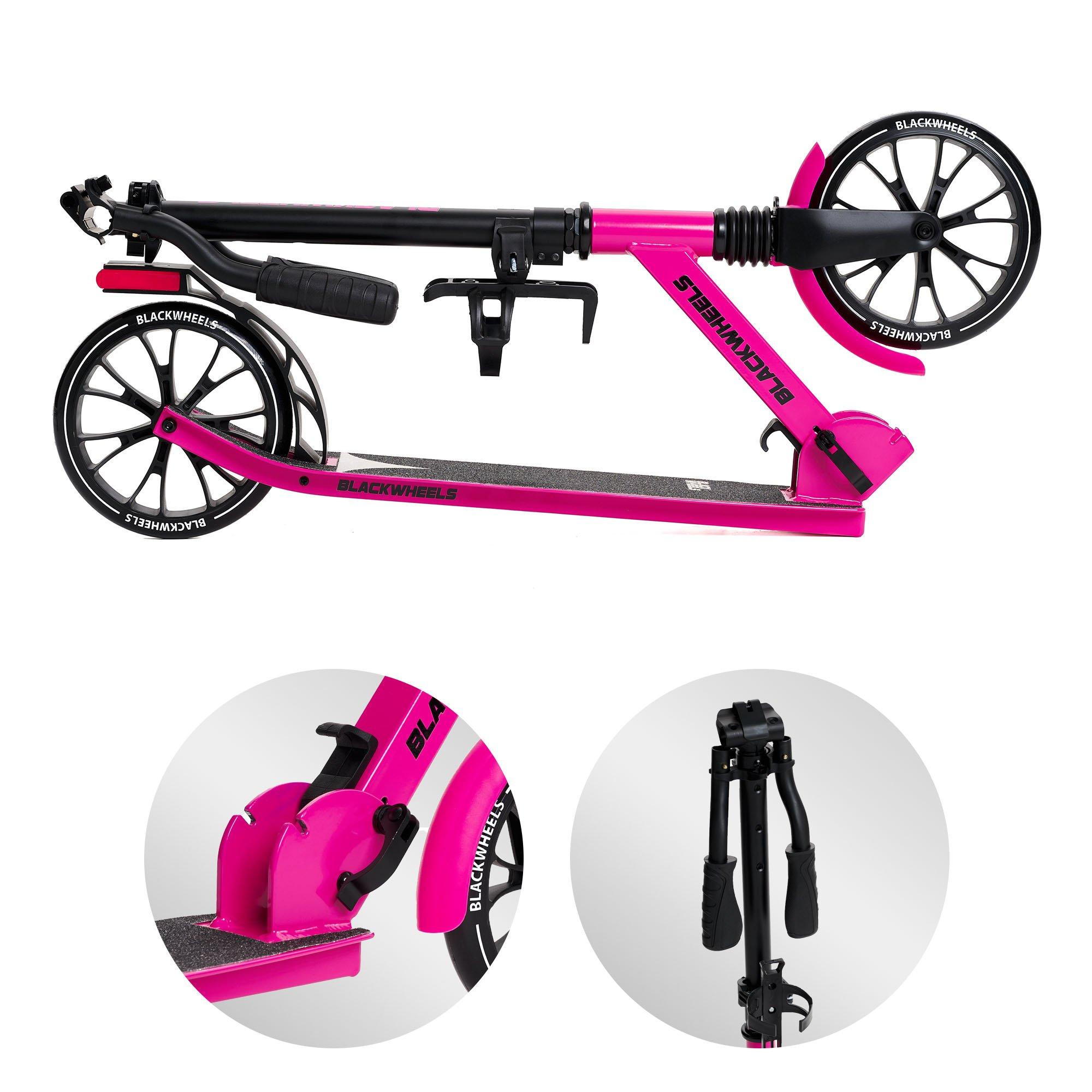 Un patinete rosa plegable con ruedas y mangos negros.