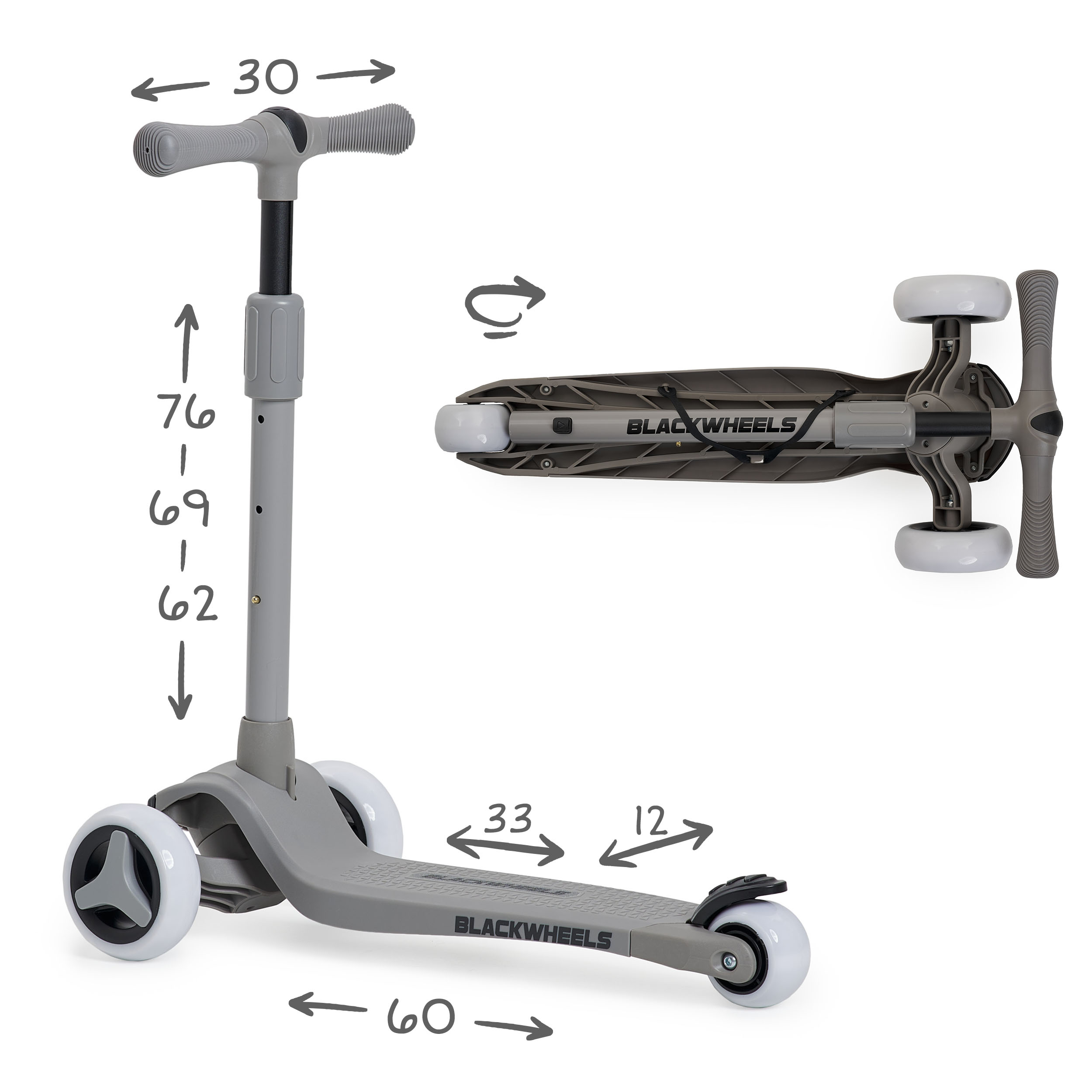 Uno scooter grigio a tre ruote con dimensioni e uno scooter capovolto.