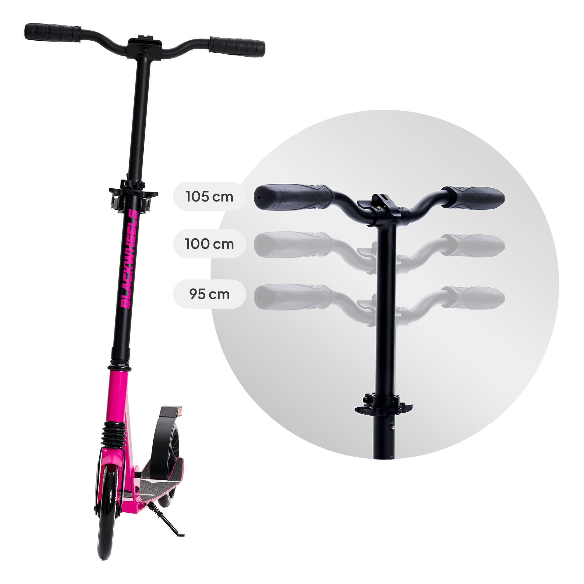 Un patinete rosa con manillar negro ajustable.