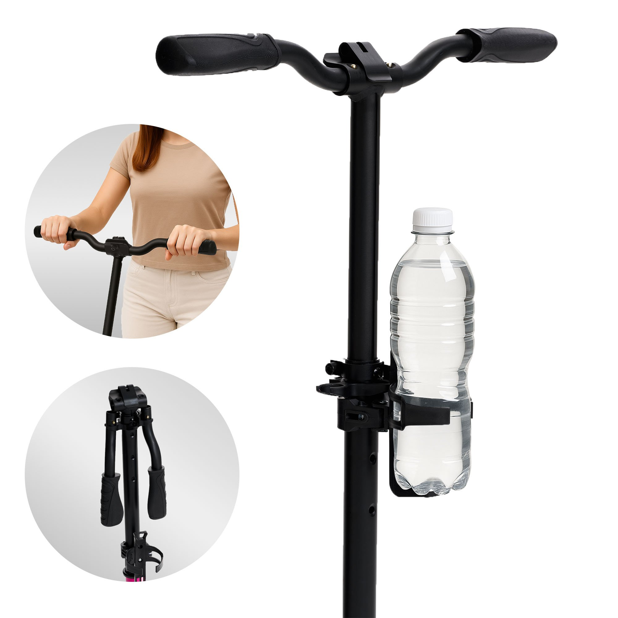 Manillar de patinete negro con portabotellas y botella de agua.