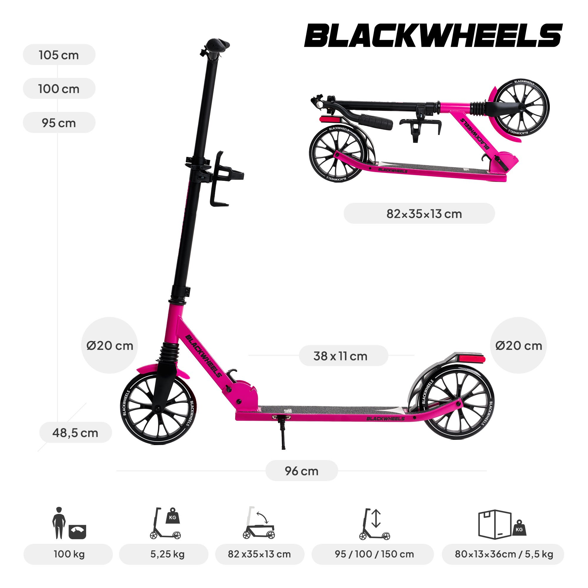 Patinete rosa con ruedas y manillar negros. Se indican dimensiones y pesos.