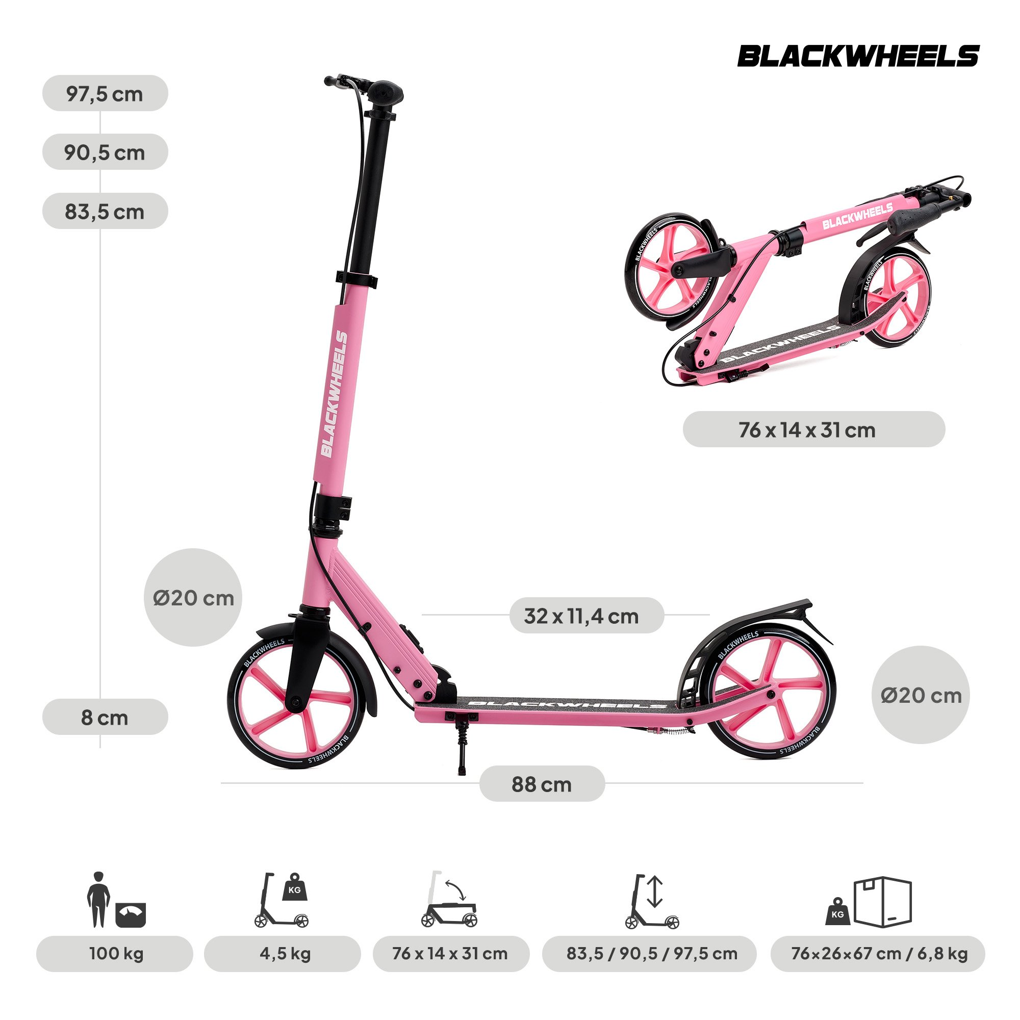 Un patinete rosa con ruedas y manillar negros. Se indican las dimensiones.