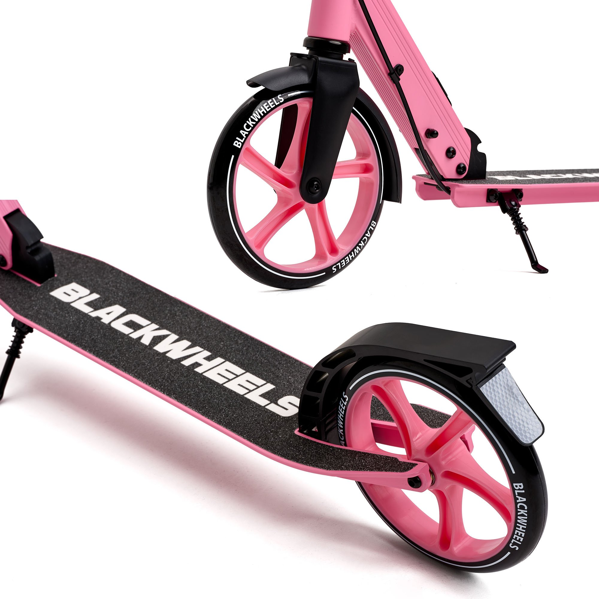 Un patinete rosa con ruedas negras y letras.
