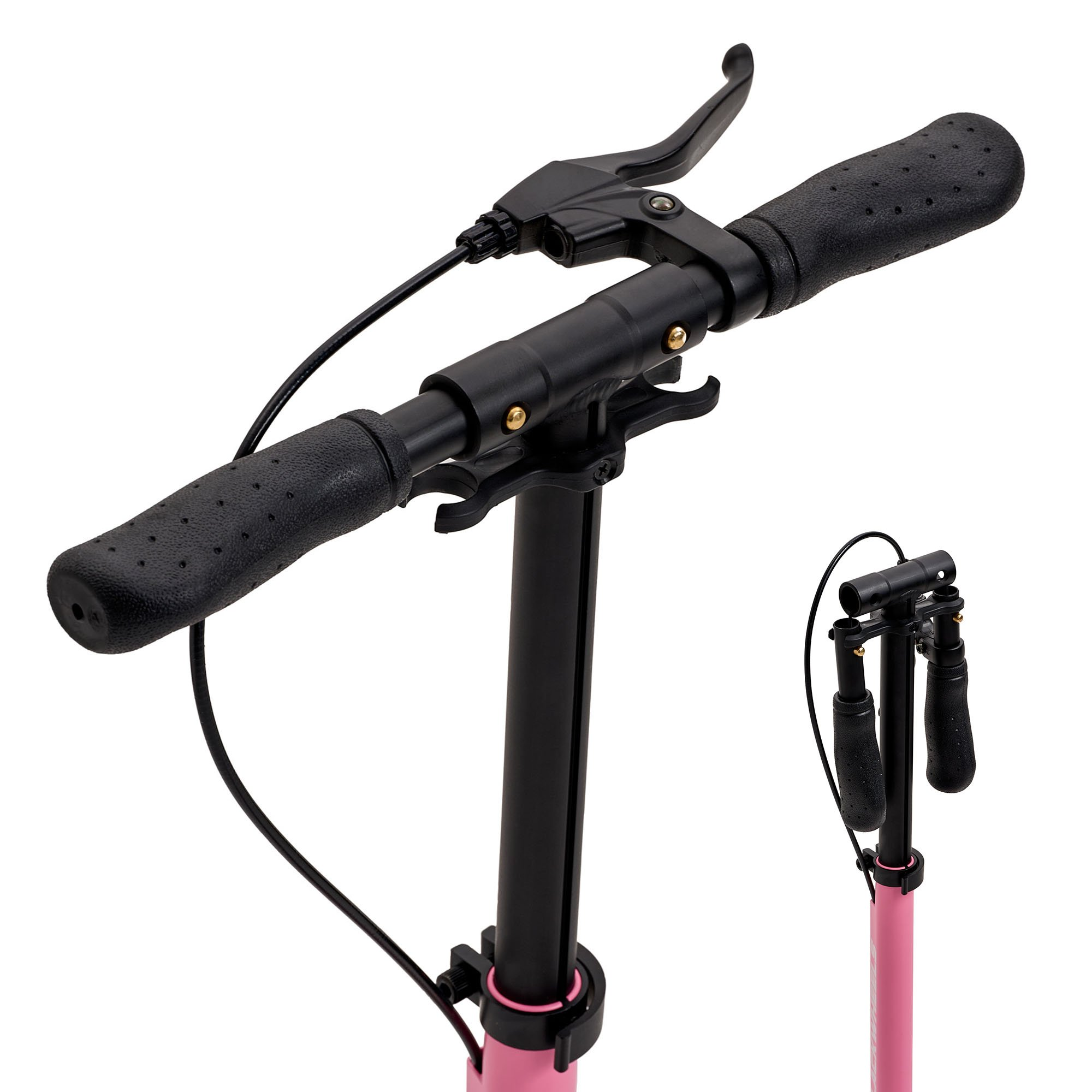 Primer plano del manillar de un patinete rosa con puños negros y palanca de freno.