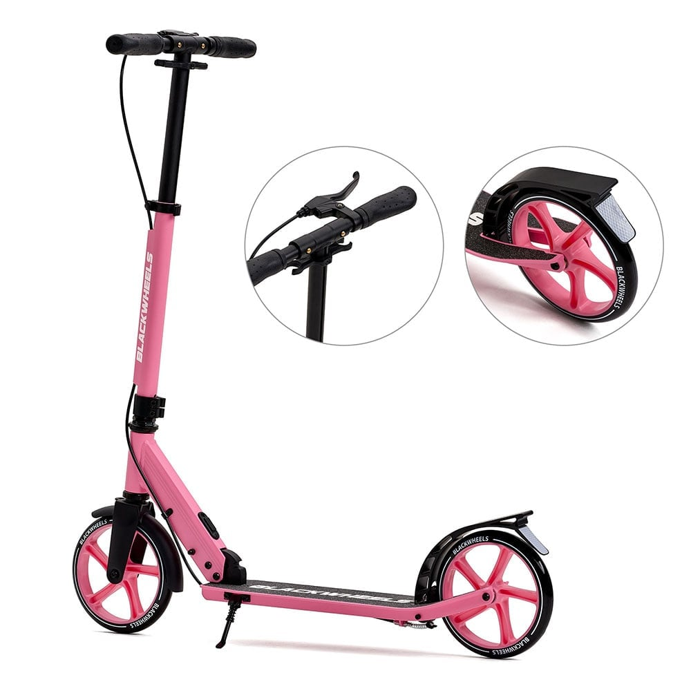 Un patinete rosa con ruedas y manillar negros. Primeros planos muestran frenos y una rueda.
