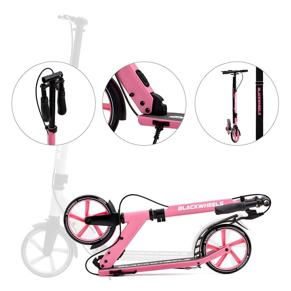 Un patinete rosa con detalles negros, plegado.