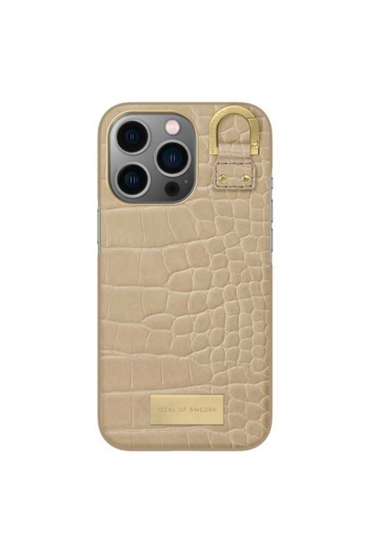 Beige Krokodilleder iPhone Hülle mit Kameraöffnung und goldener Schnalle.