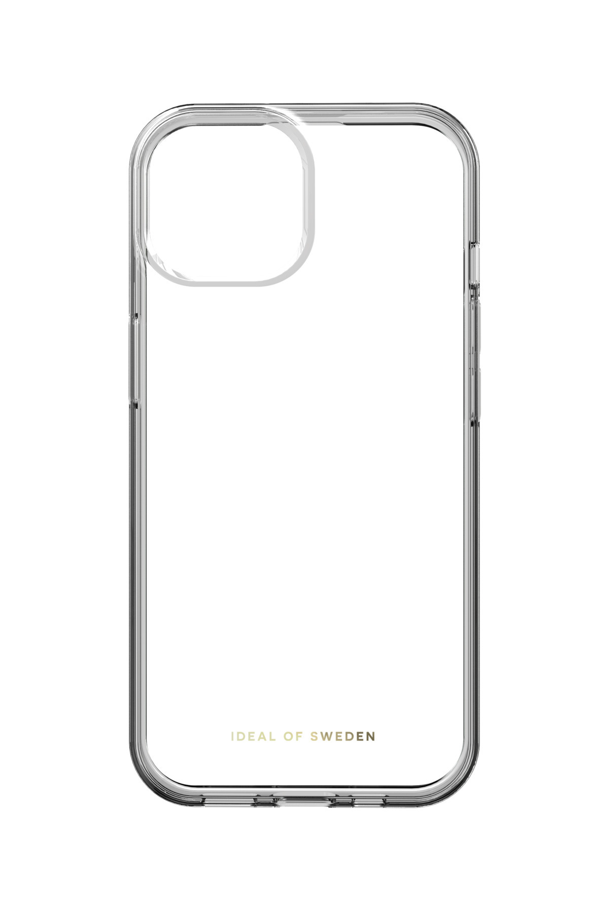 Kamera kesimi ve "IDEAL OF SWEDEN" yazısı bulunan şeffaf iPhone kılıfı.