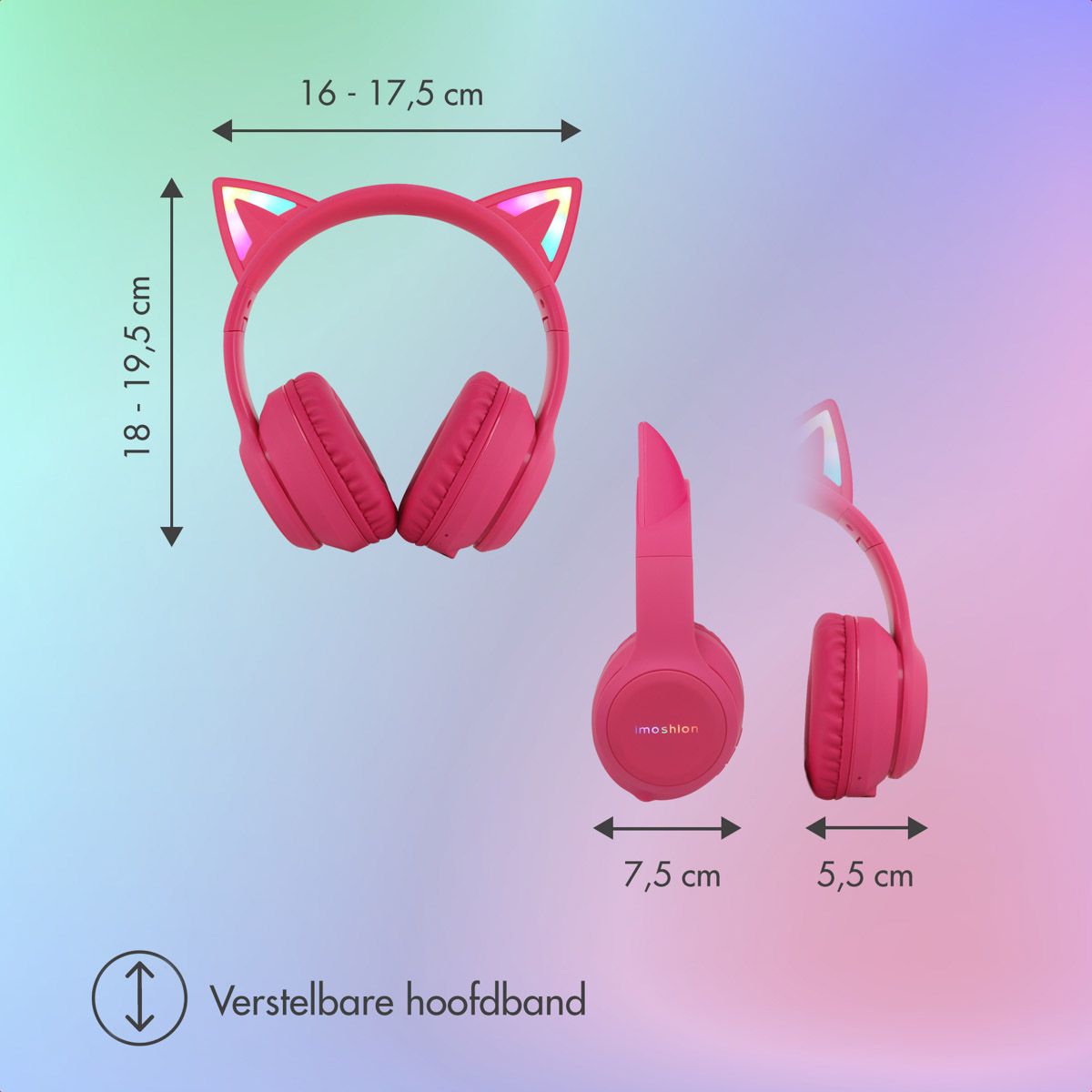 Cuffie rosa con orecchie da gatto e dimensioni. Viste frontale e laterale su uno sfondo sfumato.