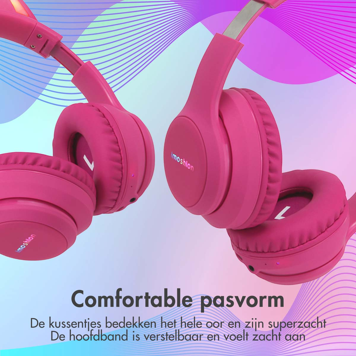 Due cuffie rosa con il logo "imoshion" su sfondo colorato.