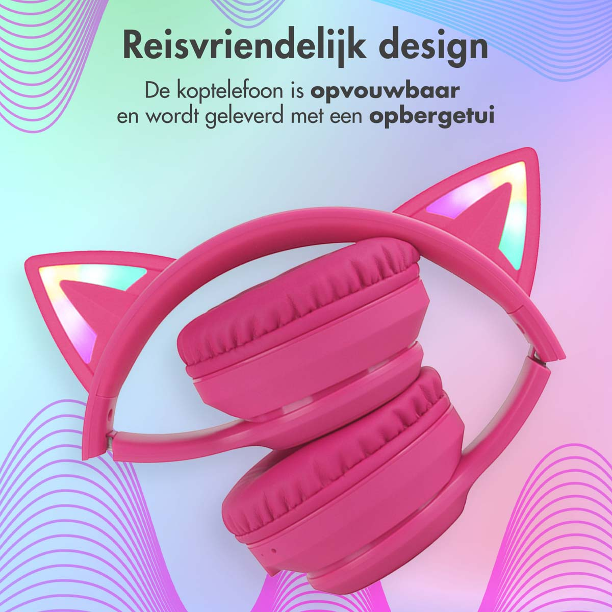 Cuffie rosa con orecchie da gatto e luci, pieghevoli.