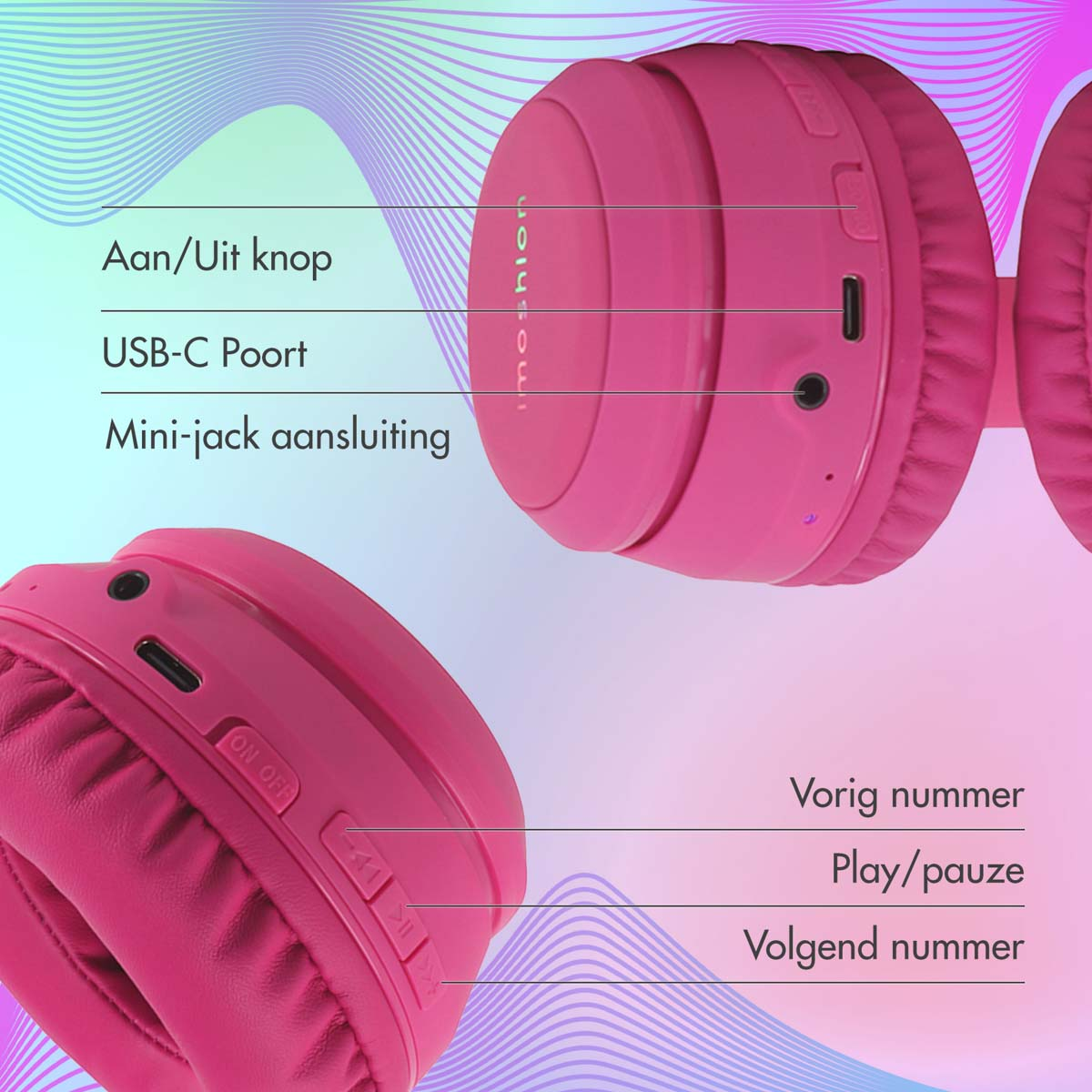 Primo piano di cuffie rosa, con etichette che indicano il pulsante di accensione, la porta USB-C, il mini-jack e i controlli.