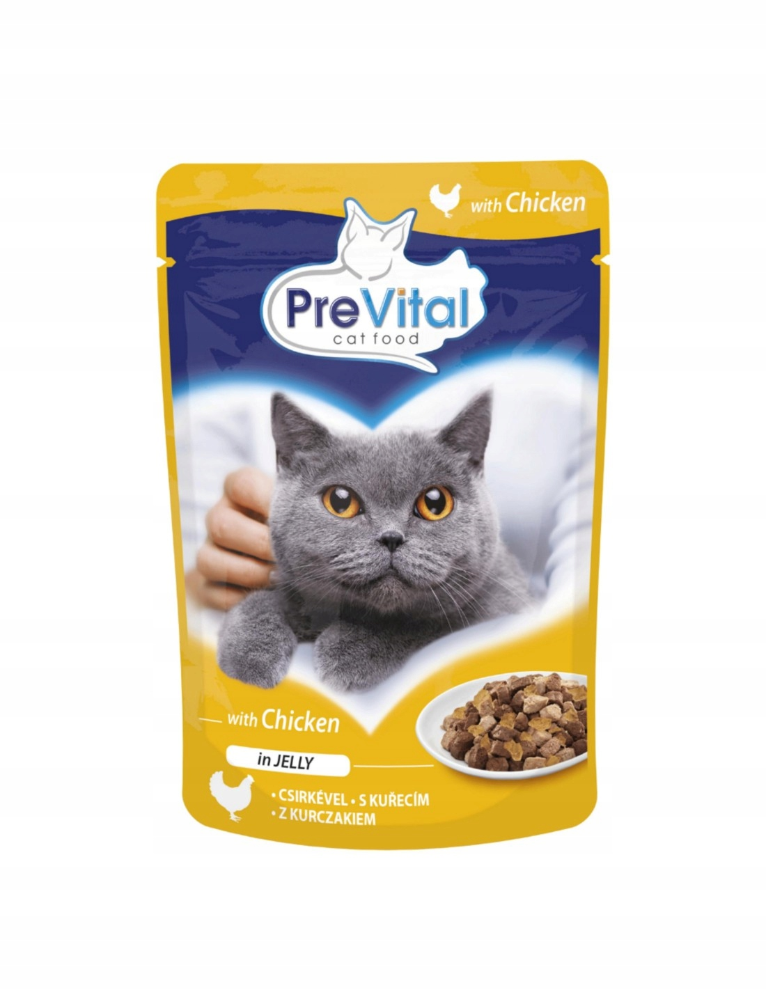 Saszetka karmy dla kota z kurczakiem w galaretce, z kotem i karmą.