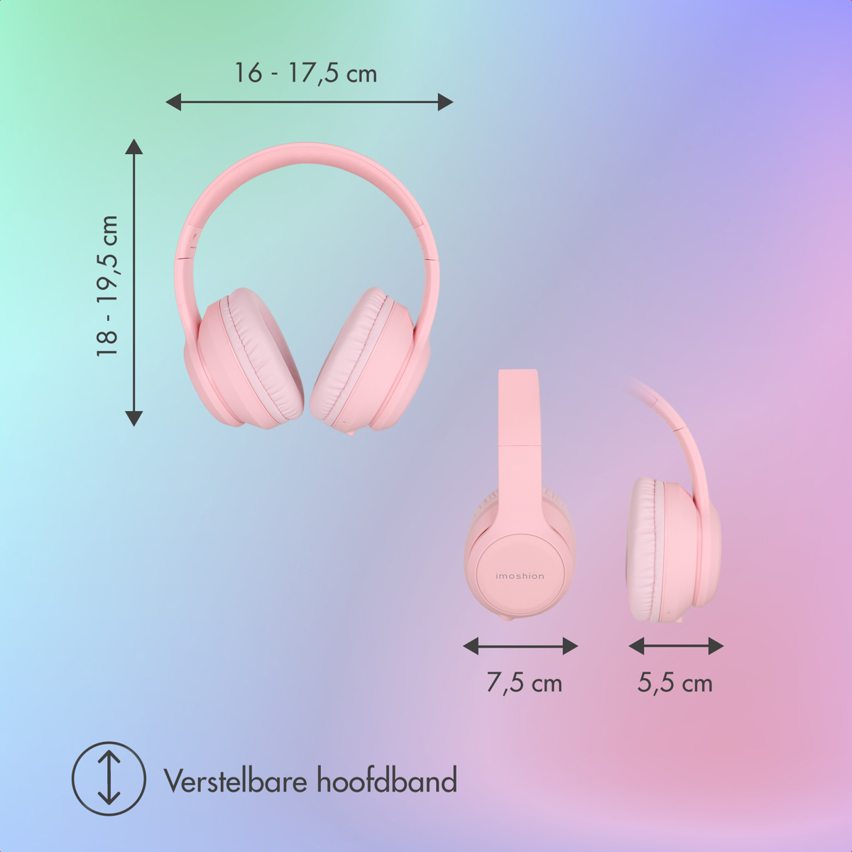 Pink headphones with dimensions: 16-17.5cm width, 18-19.5cm height.