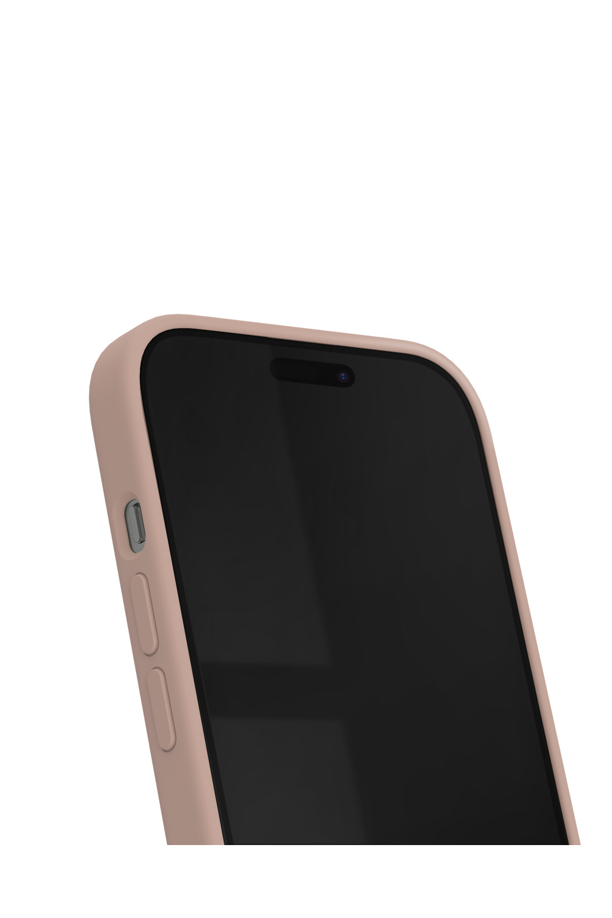 Siyah ekranlı açık pembe telefon kılıfı, sol taraf yakın çekim.