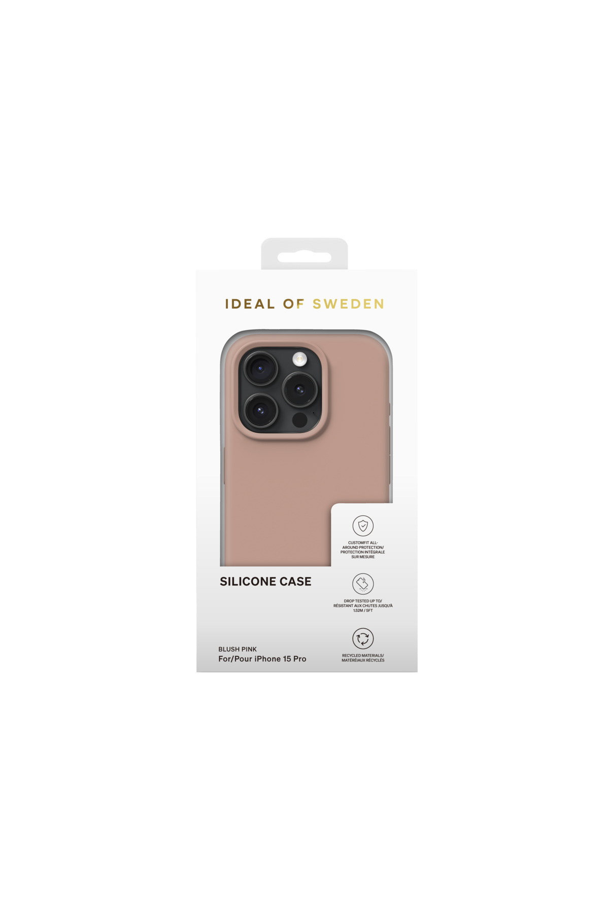 iPhone 15 Pro için pudra pembesi silikon kılıf ambalajı.