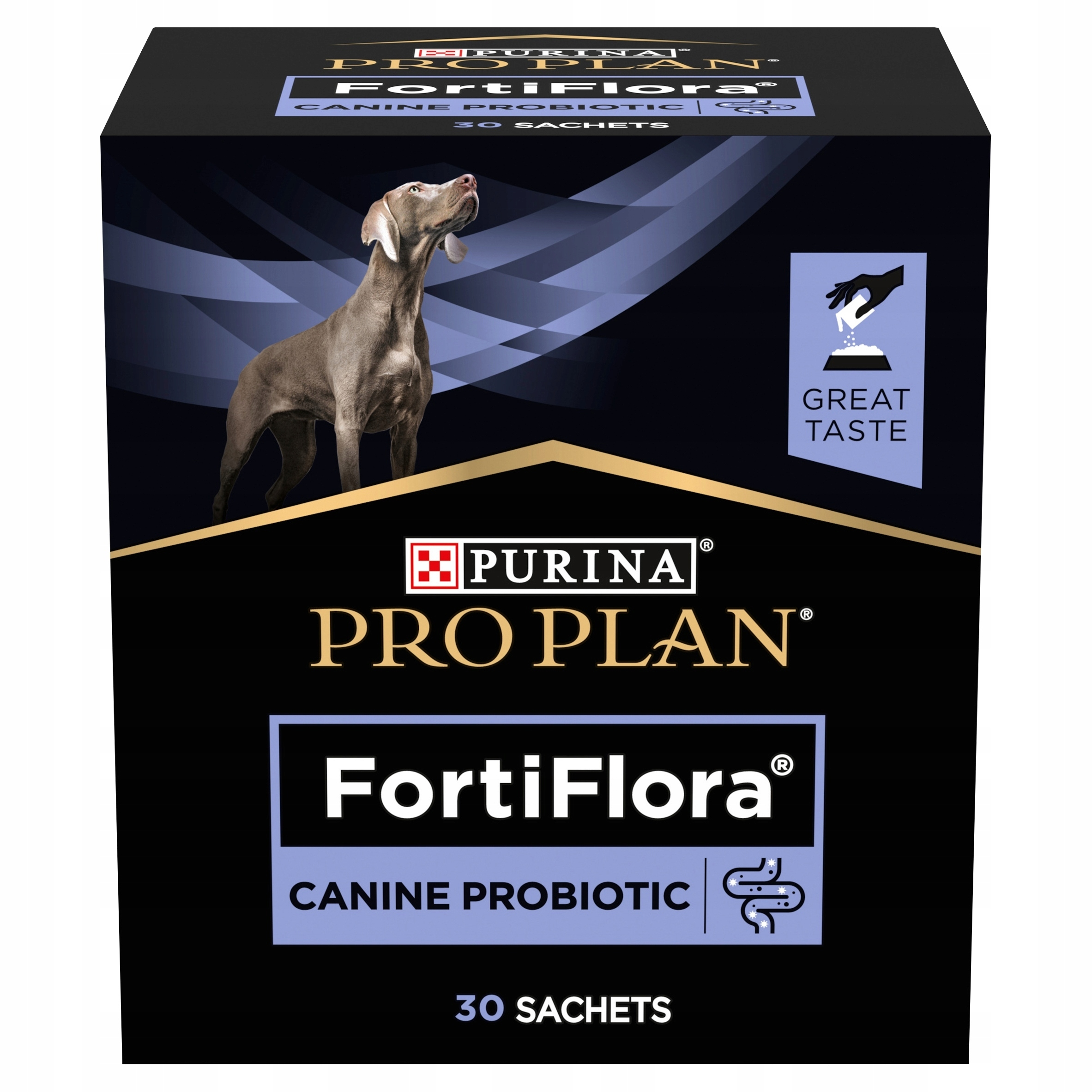 Purina Pro Plan FortiFlora dla psów, 30 saszetek, z wizerunkiem psa i ikoną smaku.