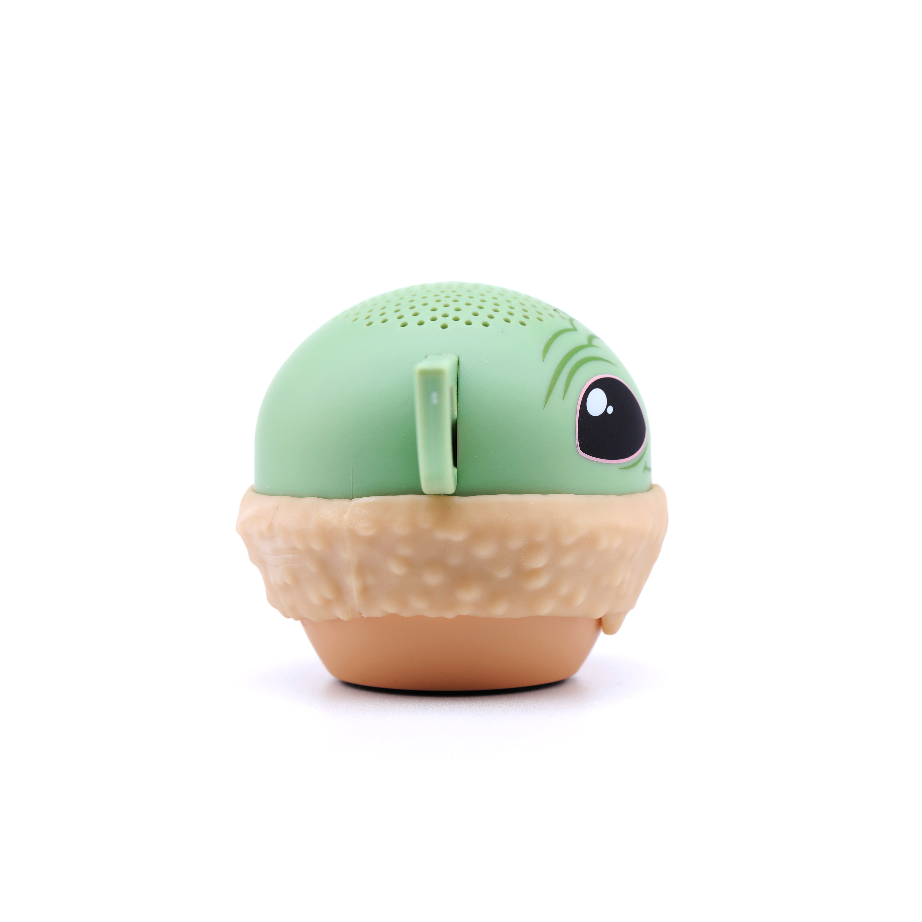 Ein grüner Lautsprecher in Baby Yoda-Optik mit Ohren und einem pelzigen Kragen.