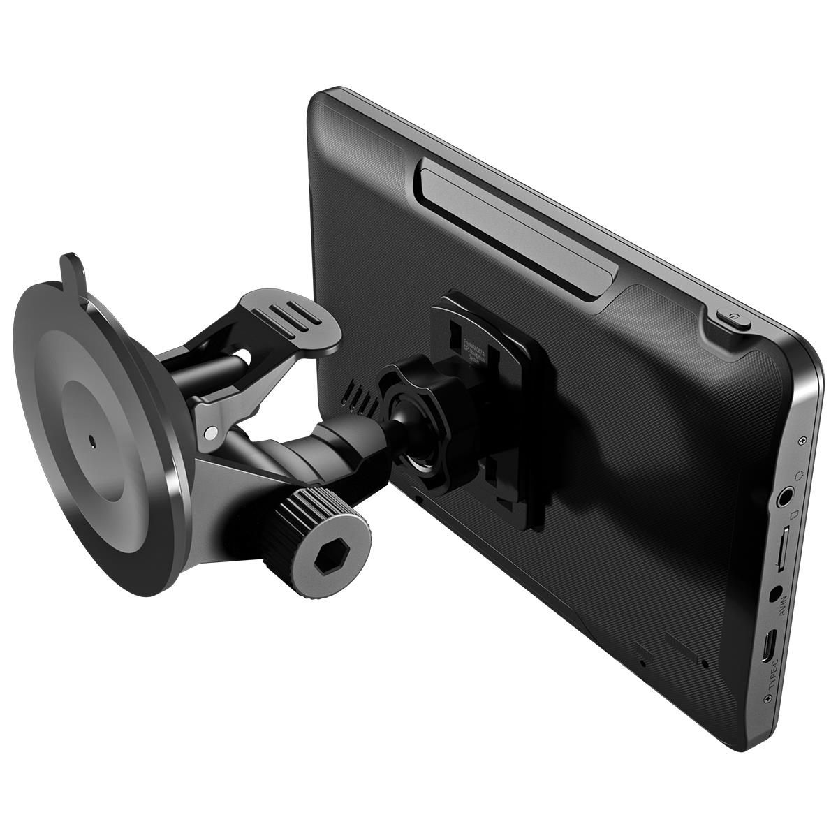 Czarne urządzenie GPS z mocowaniem na przyssawkę, pokazane z boku i z tyłu.