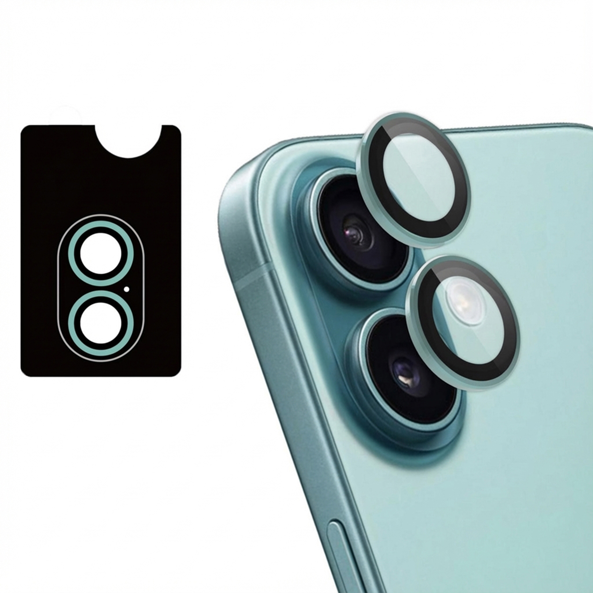 Twee cameralensbeschermers voor een telefoon naast een weergave van de cameralens.