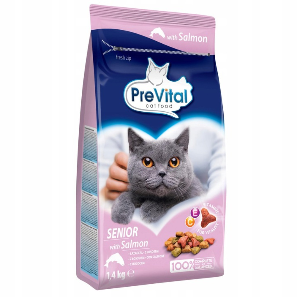 Torebka karmy dla kotów PreVital Senior z łososiem dla starszych kotów.