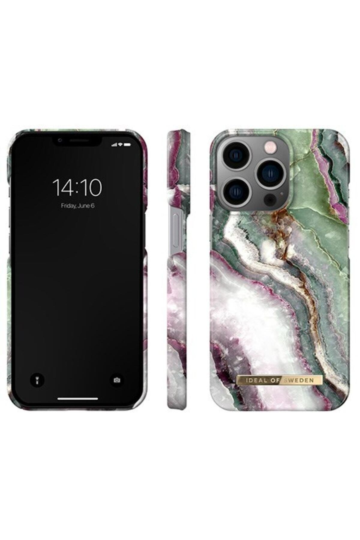 Mermer desenli kılıflı iPhone, yan ve arka görünüm.