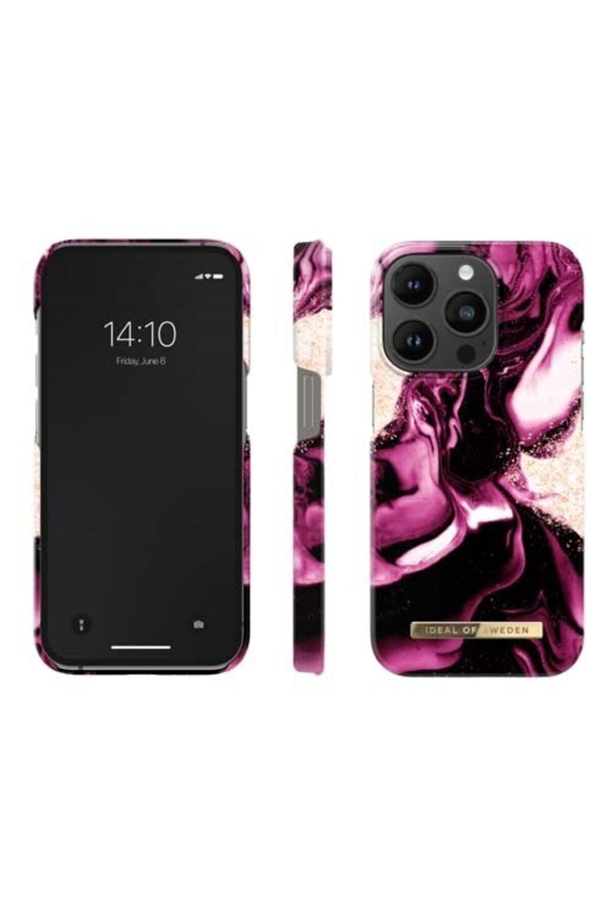 Pembe ve altın mermer desenli iPhone kılıfı, ön ve arka görünüm.
