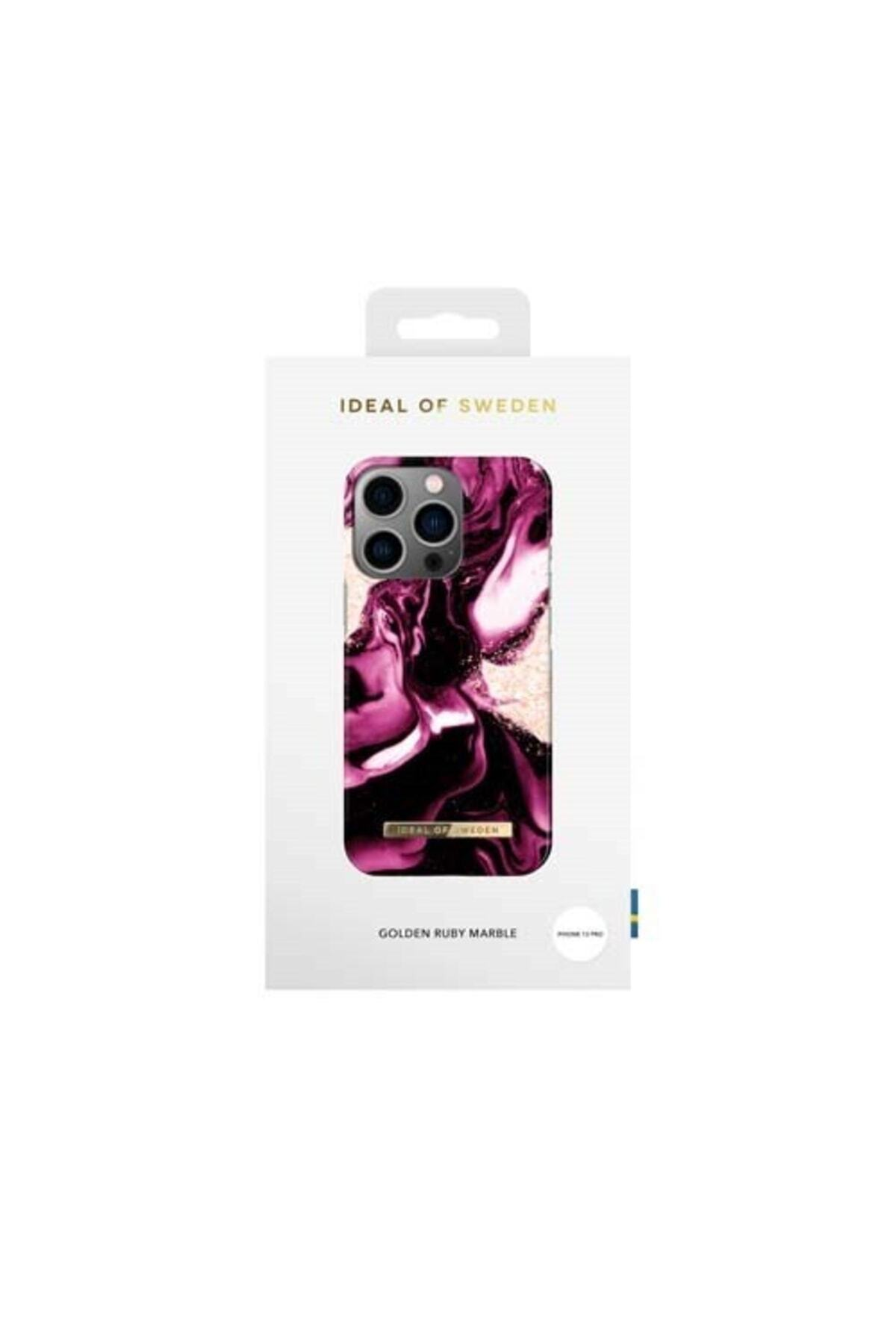 Ideal of Sweden telefon kılıflı ambalaj, koyu kırmızı mermer desenli.