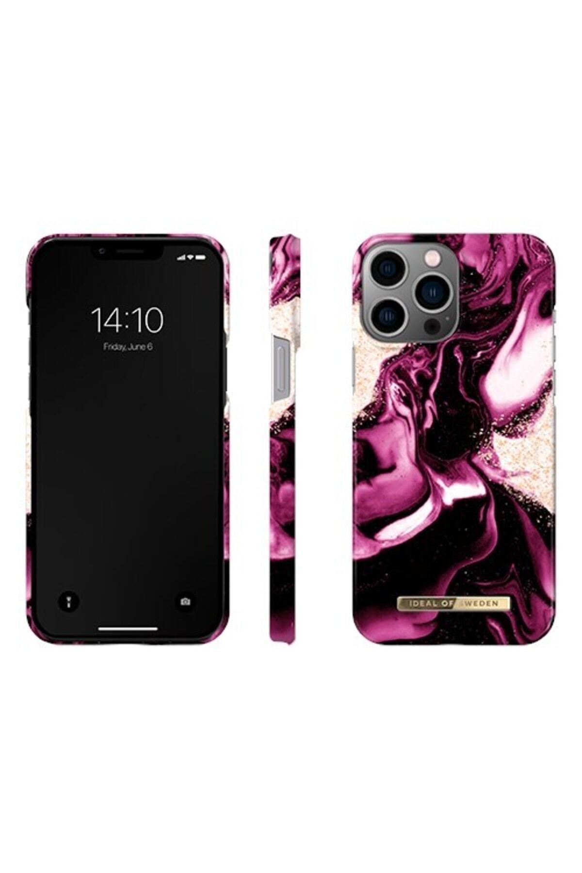 Simli, pembe ve siyah mermer desenli kılıflı bir iPhone'un ön, yan ve arka görünümlerini gösteren üç görünüm.