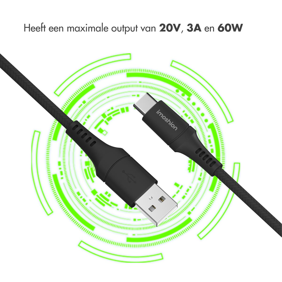 Un câble USB-A vers USB-C noir de marque imoshion, sur fond blanc avec des graphiques verts de type circuit.