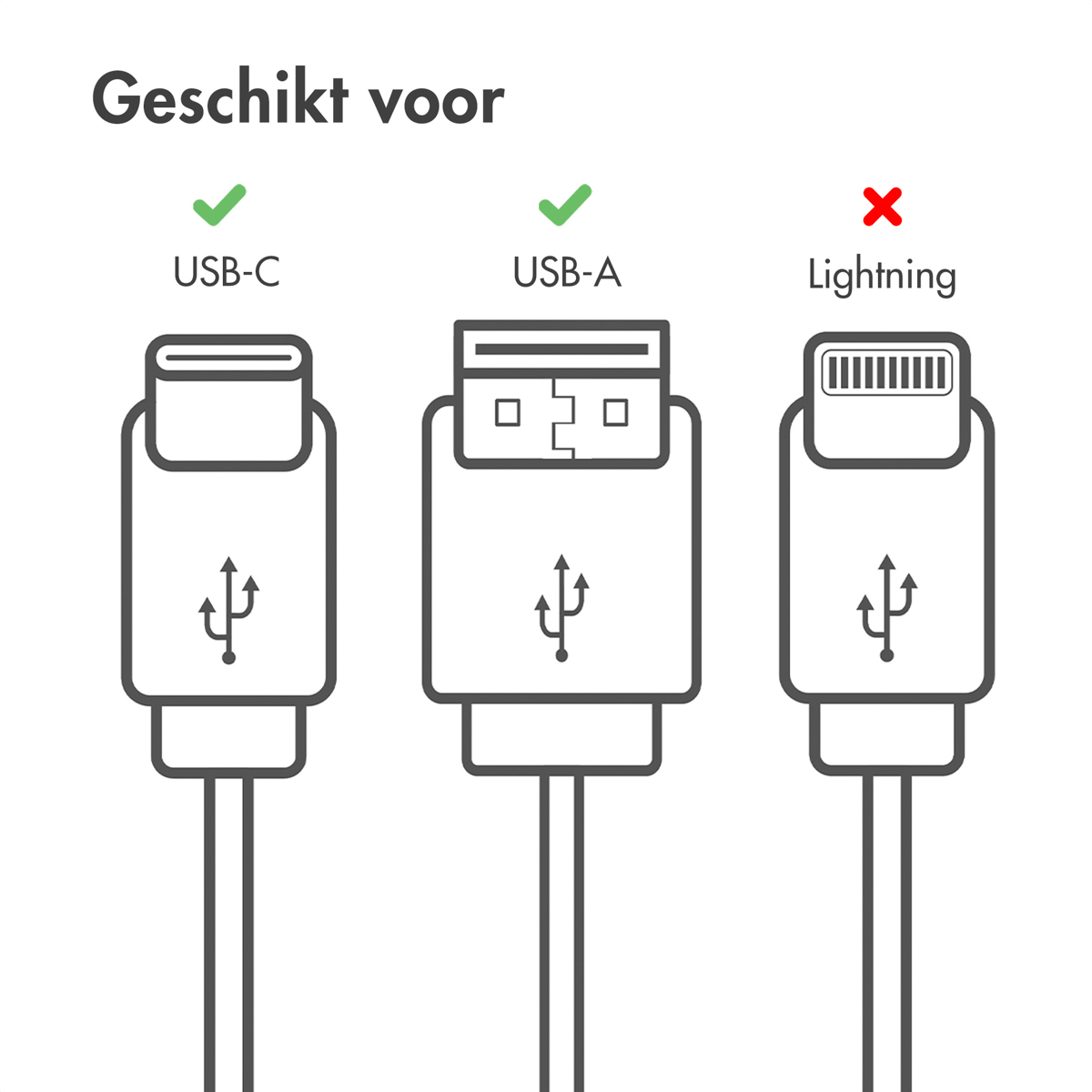 Trois types de connecteurs USB : USB-C (coche vert), USB-A (coche vert), Lightning (croix rouge).