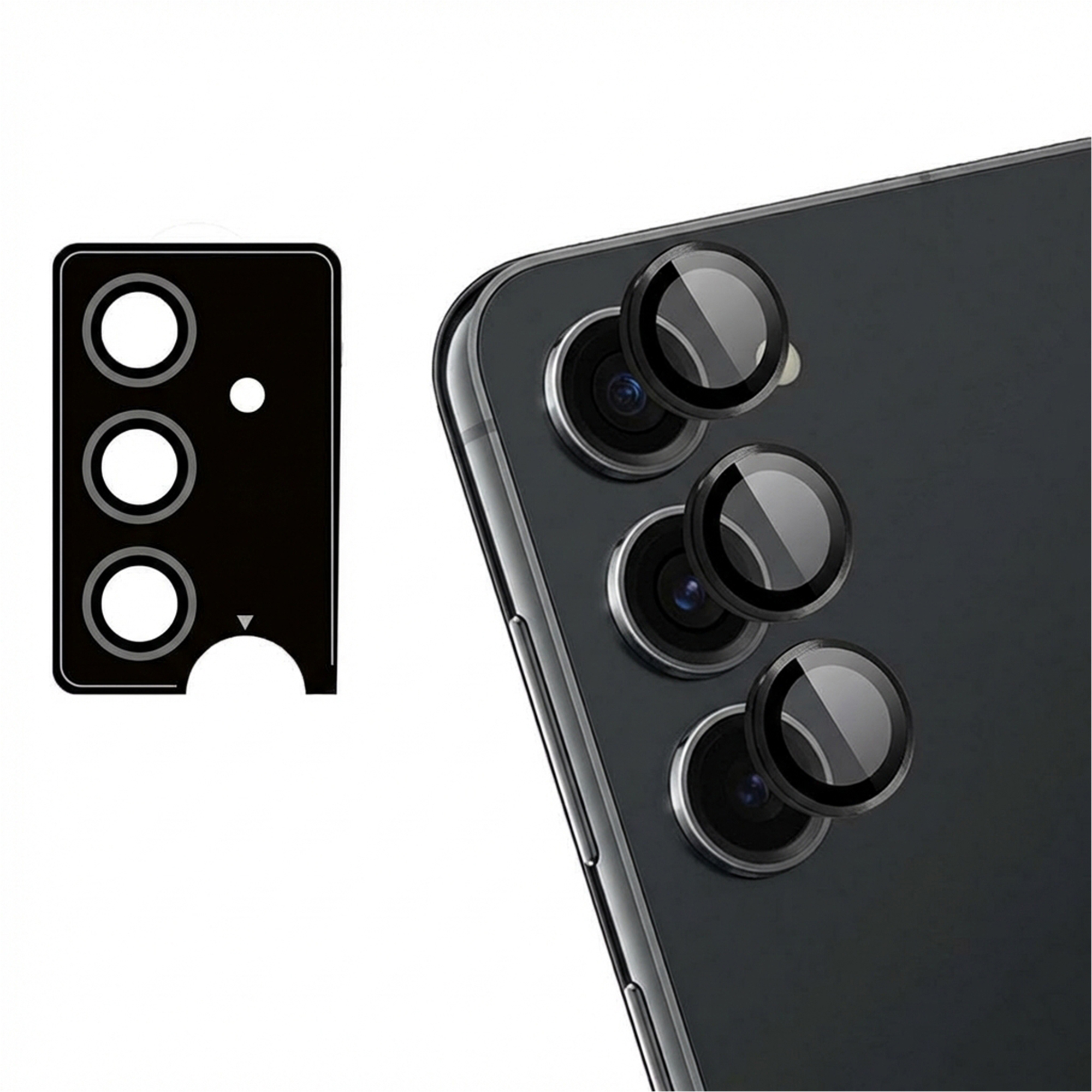 Drie beschermende lenzen voor smartphonecamera's naast een cameralens.