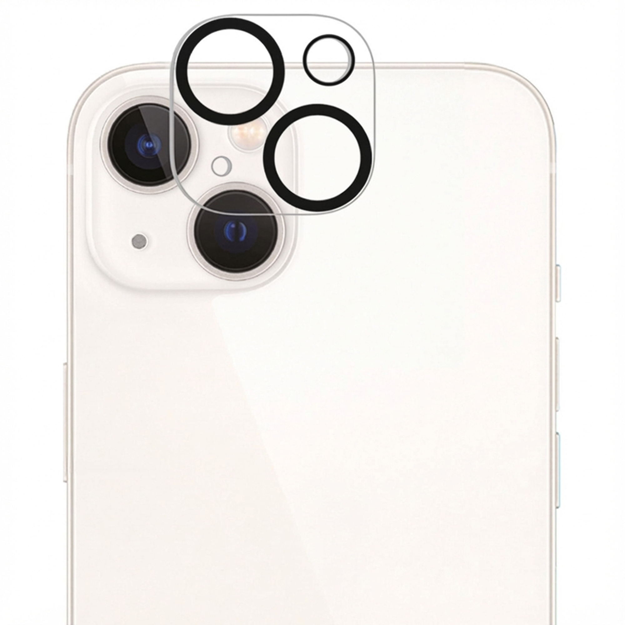Achterkant van een witte smartphone met een transparante cameralensbeschermer.