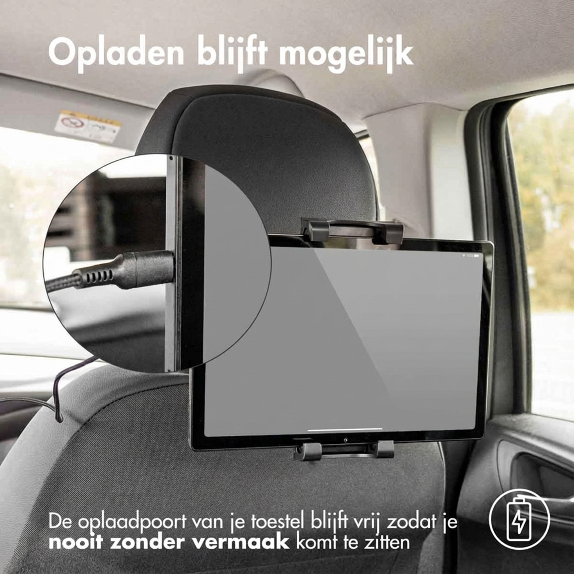 A black tablet is mounted on a car seat headrest, with a charging cable plugged in, visible in a circular inset.