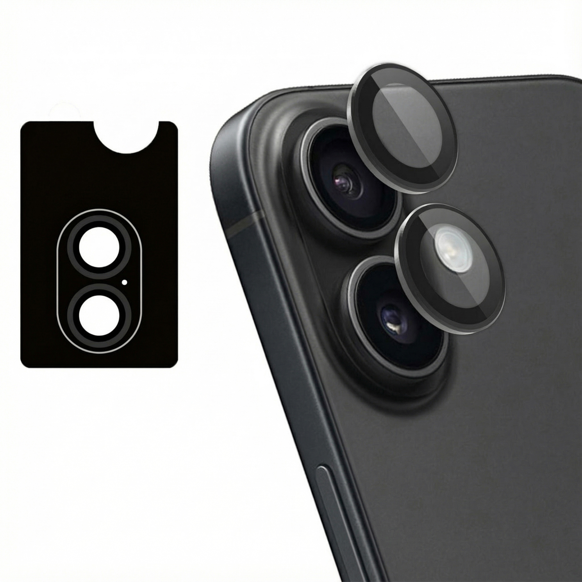 Drie cameralensbeschermers liggen naast de achterkant van een telefoon.