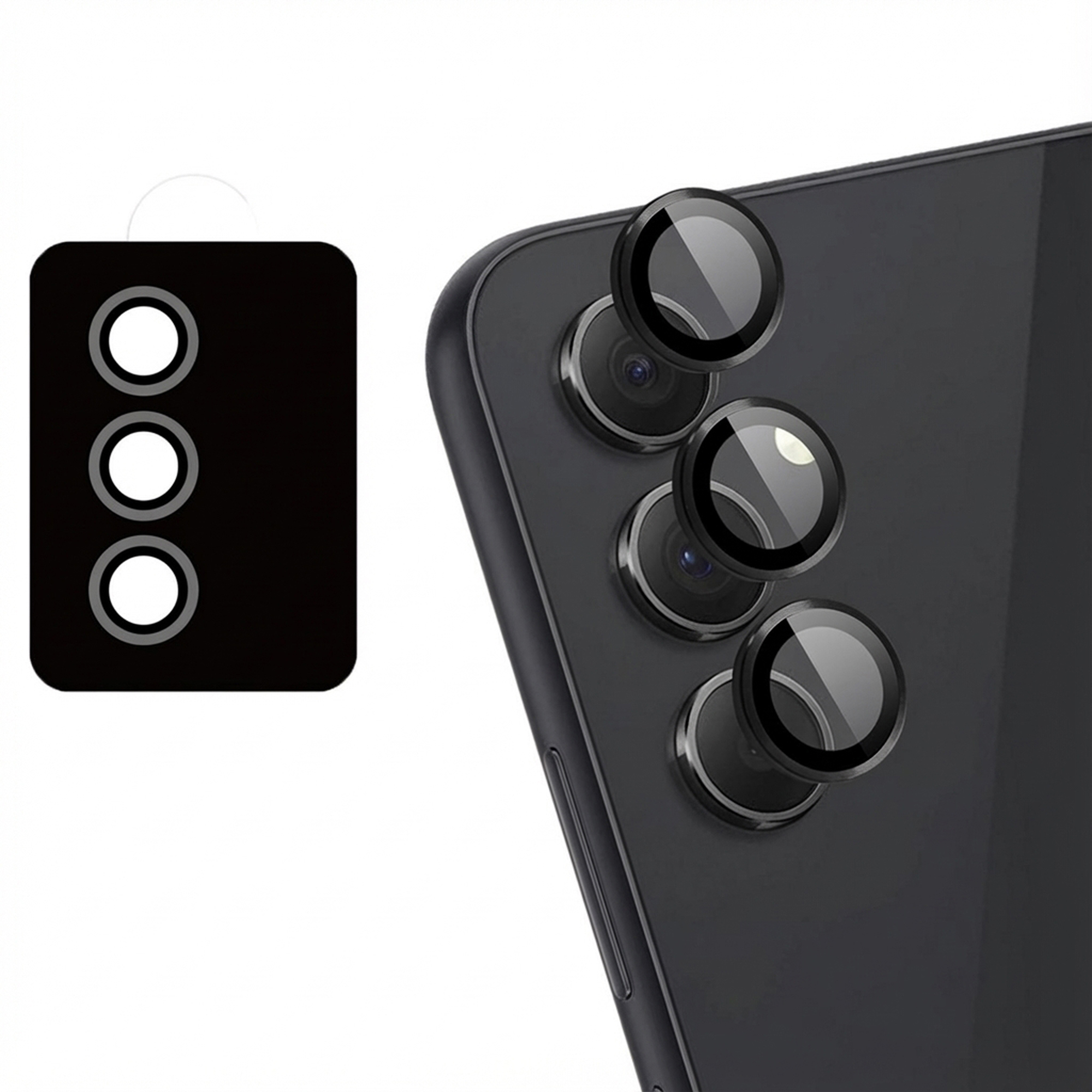 Protecteurs d'objectif sur un téléphone noir, avec schéma.